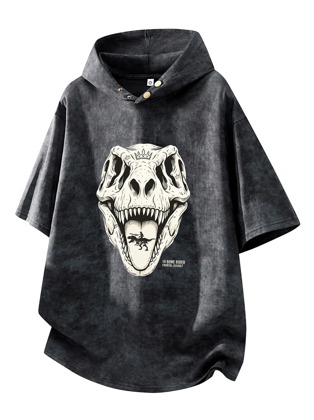 Bone Rider Frontal Assault washed hoodie tee female model dark streetwear front view