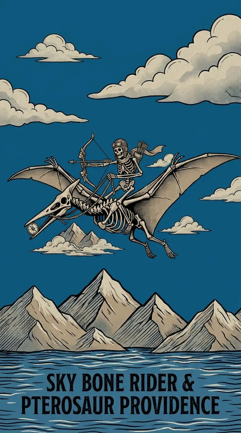Sky Bone Rider skeleton warrior riding a pterosaur over mountains — AnimeVerseSphere