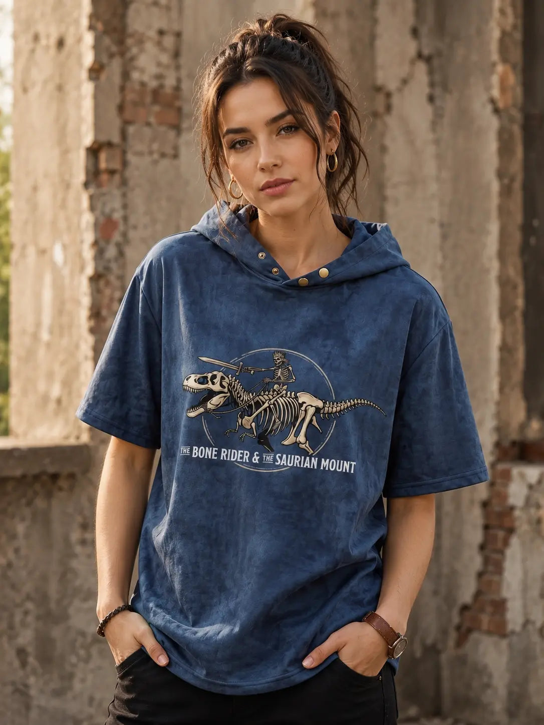 The Bone Rider & The Saurian Mount Oversized Washed Hoodie Tee – Washed Navy model shot