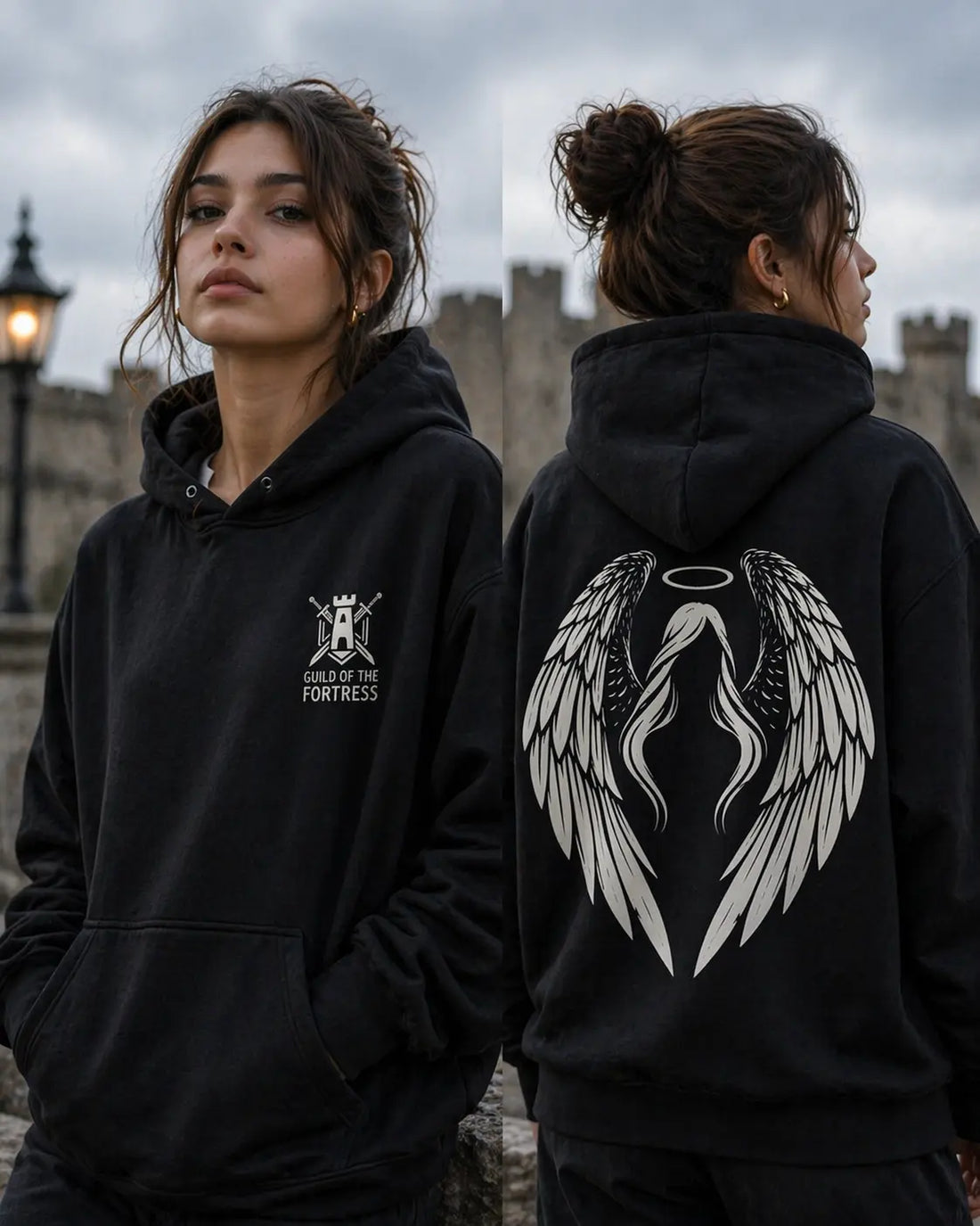 Angels and Knights Dark Anime Hoodie — Japanese Streetwear Graphic Harajuku