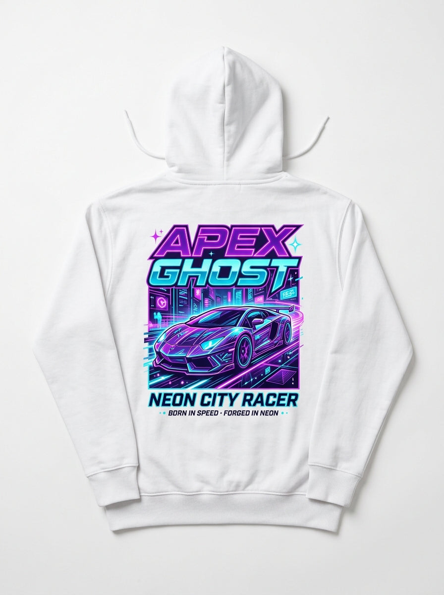 APEX GHOST white hoodie back view with neon sports car graphic