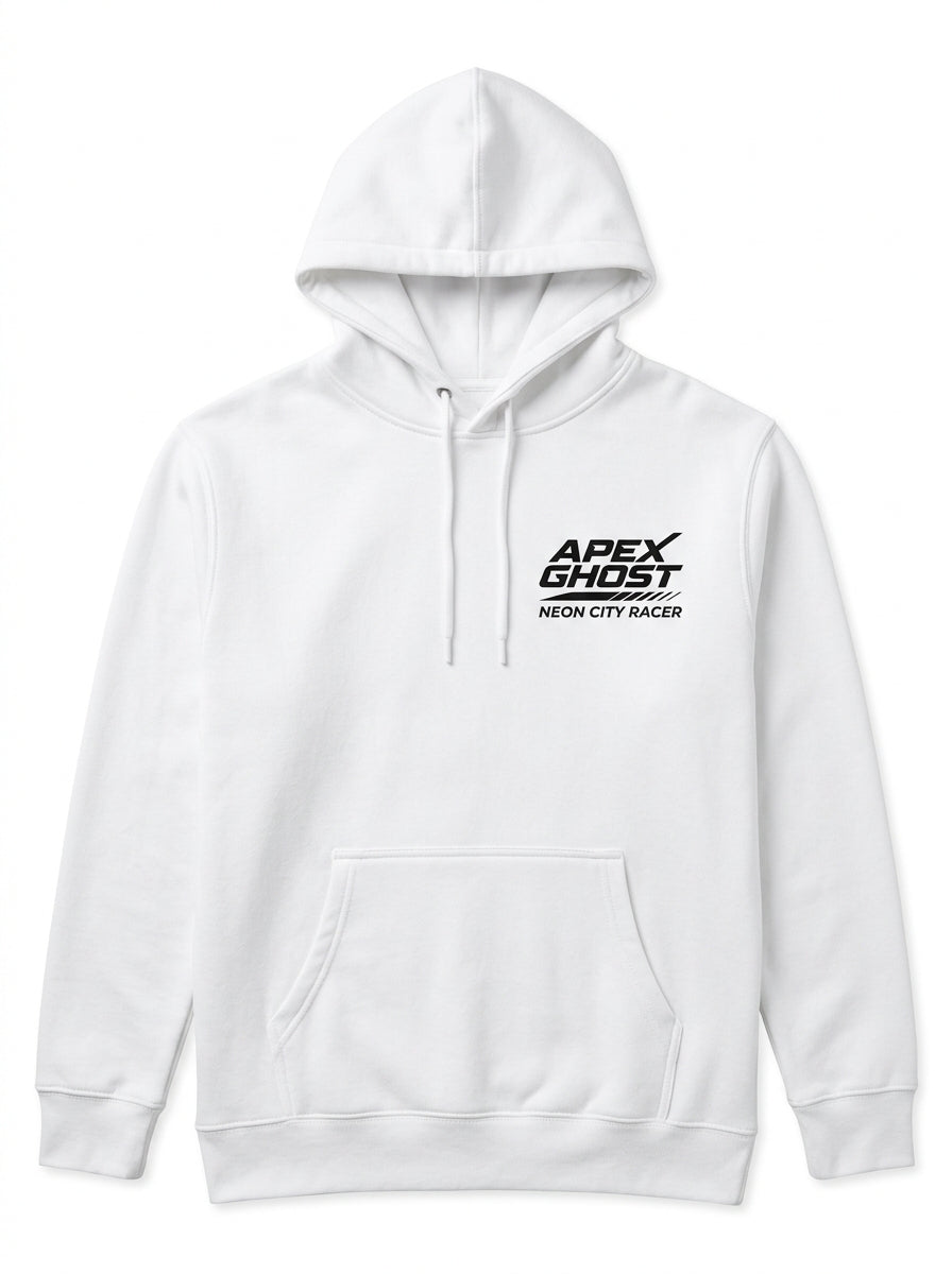 APEX GHOST white cyberpunk hoodie front chest logo flat lay
