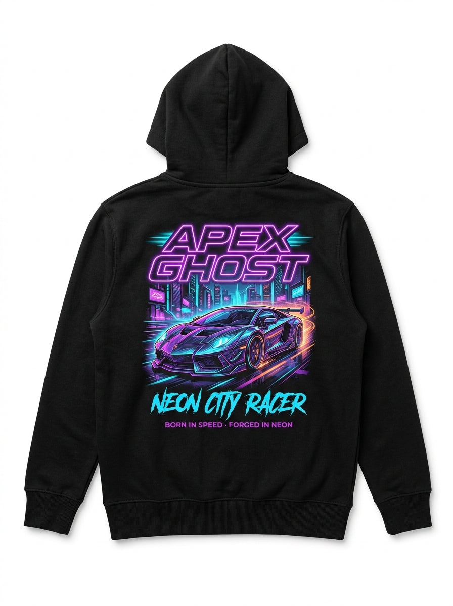 APEX GHOST black hoodie back with cyberpunk supercar neon print