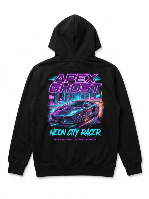 APEX GHOST black hoodie back with cyberpunk supercar neon print