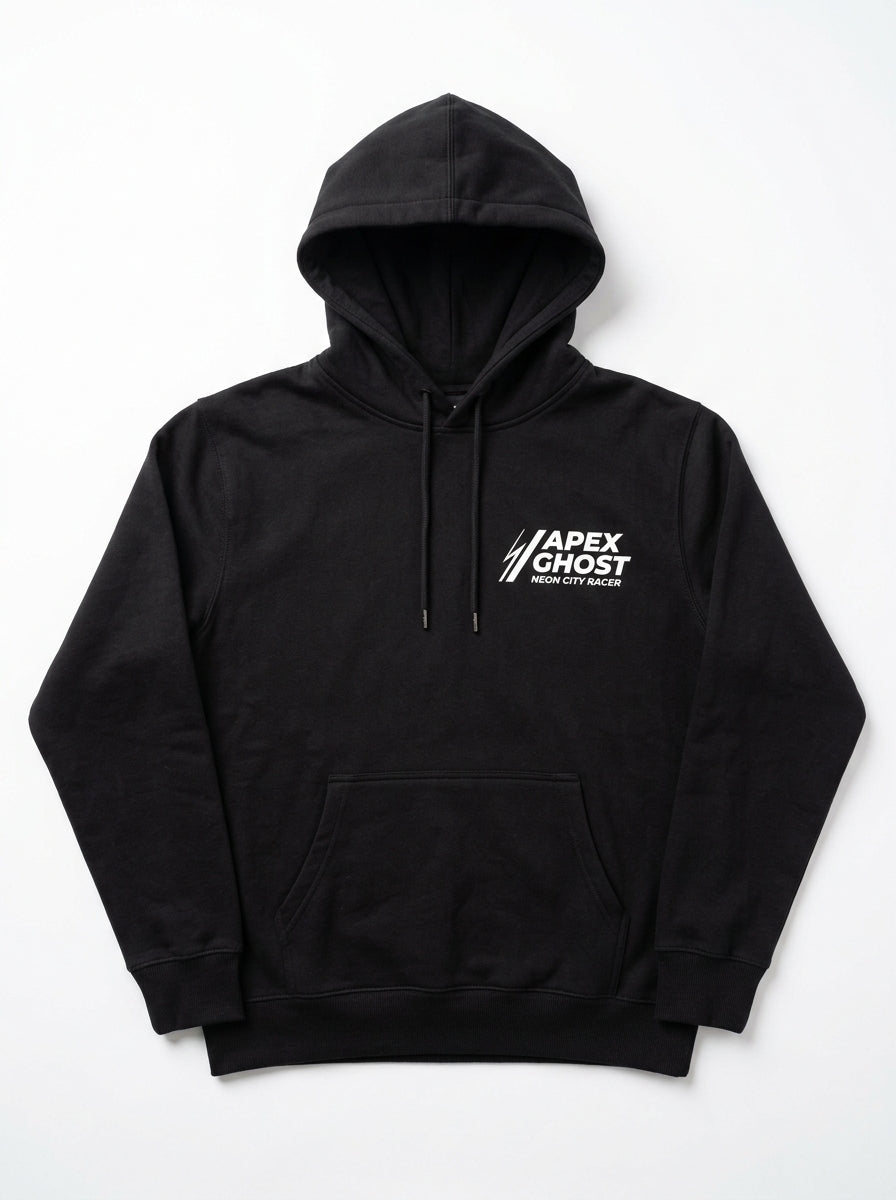APEX GHOST Neon City Racer cyberpunk sports car hoodie in black - front view dark aesthetic streetwear