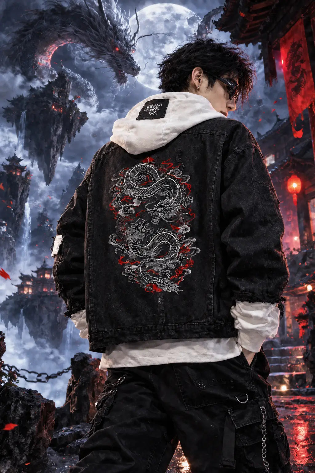 Streetwear Male Model Wearing Midnight Dragon Graphic Oversized Denim Jacket Back View in Asian Fantasy Landscape