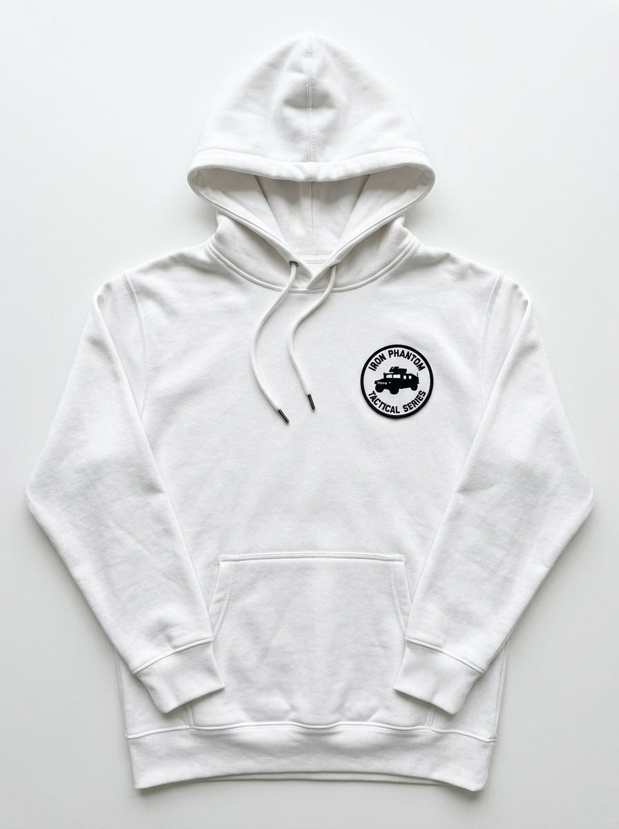IRON PHANTOM white hoodie front with tactical military circular badge