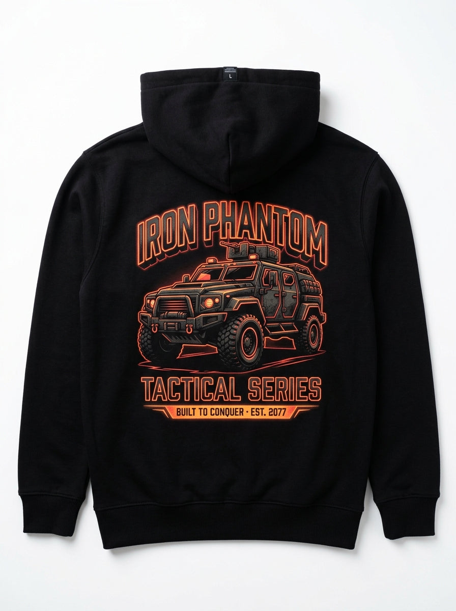 IRON PHANTOM black hoodie back view with glowing armored vehicle print