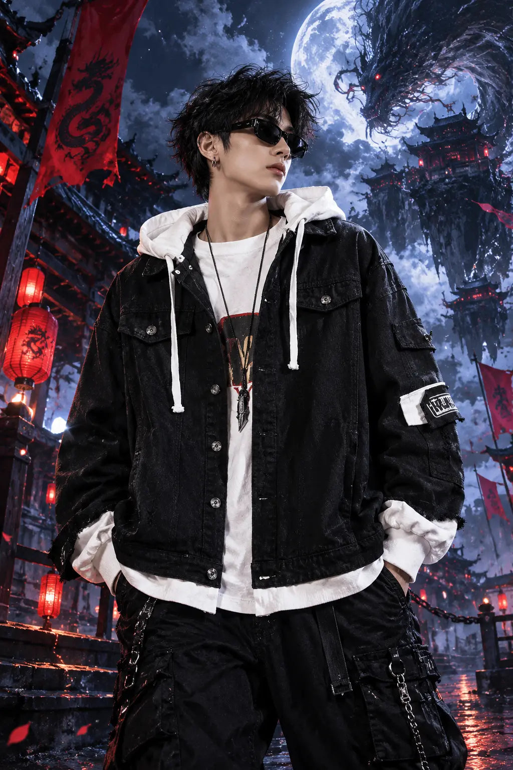 Male Model in Harajuku Techwear Wearing Layered Hooded Midnight Dragon Black Denim Trucker Jacket Front View