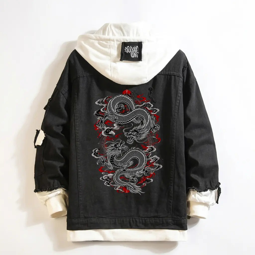 Midnight Dragon Graphic Print Oversized Denim Jacket Studio Back View with Intricate Dragon Scales and Red Flame Accents