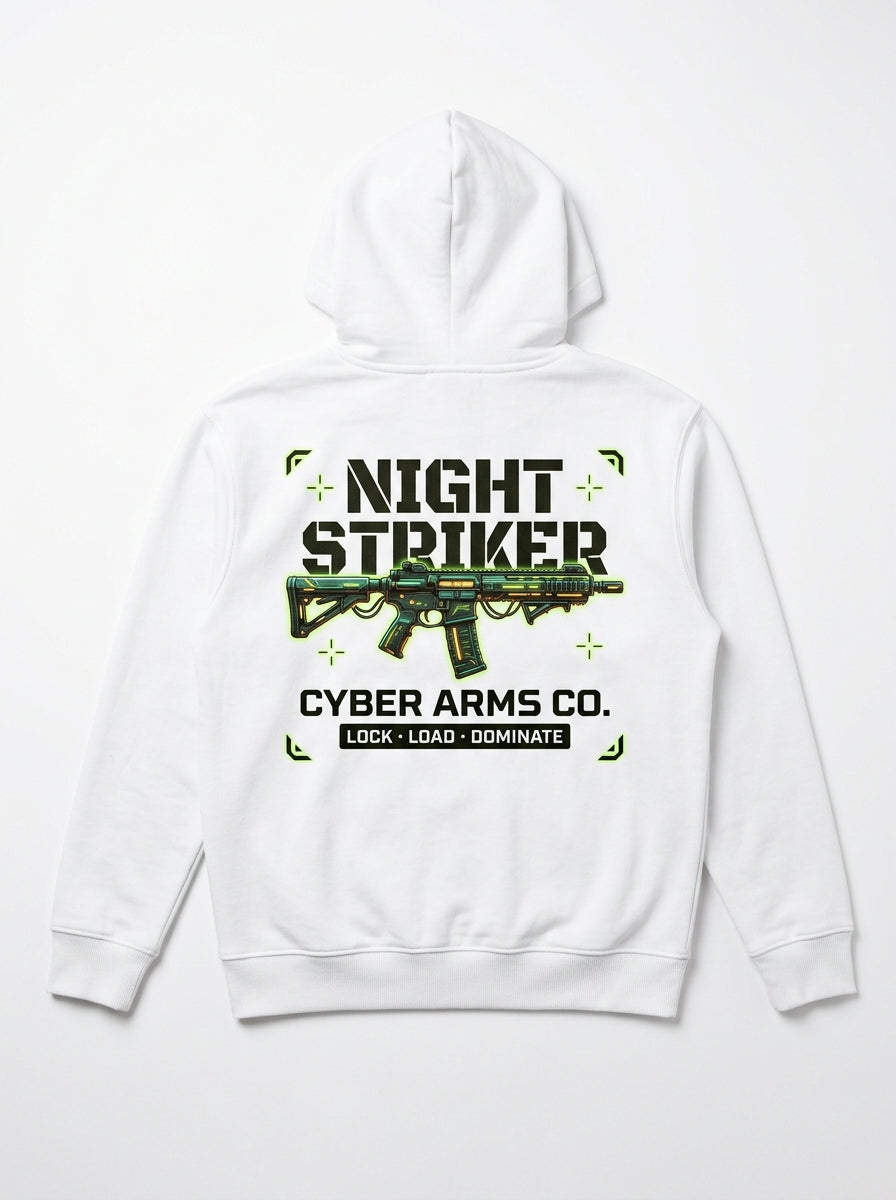 NIGHT STRIKER white hoodie back with neon green assault rifle graphic
