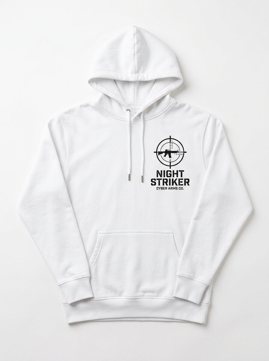 NIGHT STRIKER white hoodie front with tactical crosshair logo