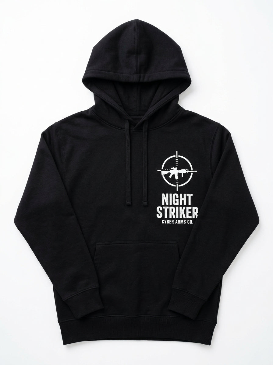 NIGHT STRIKER black hoodie front view with white stencil rifle logo