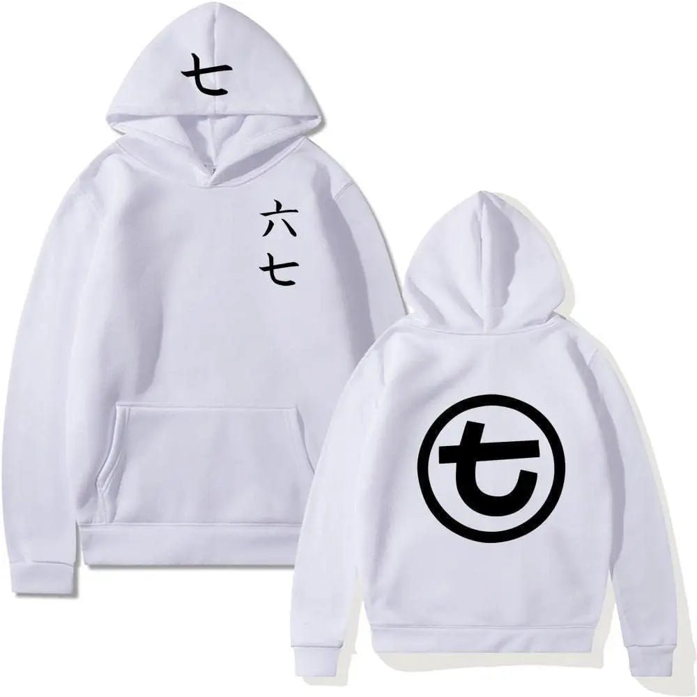 White shadow assassin hoodie flat lay with circular back kanji seal