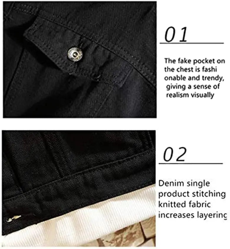 Close up of Chest Flap Pocket and Layered Knitted Hem Stitching on Midnight Dragon Black Denim Jacket