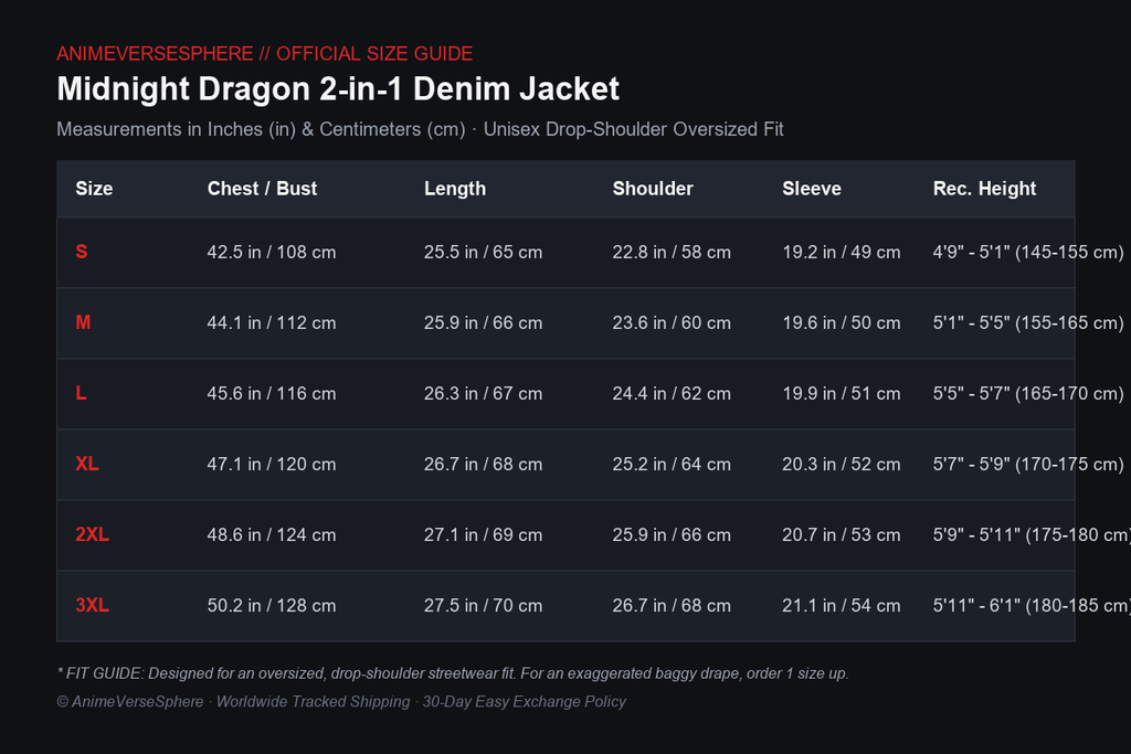 AnimeVerseSphere Unisex Denim Jacket Size Chart in Inches and Centimeters