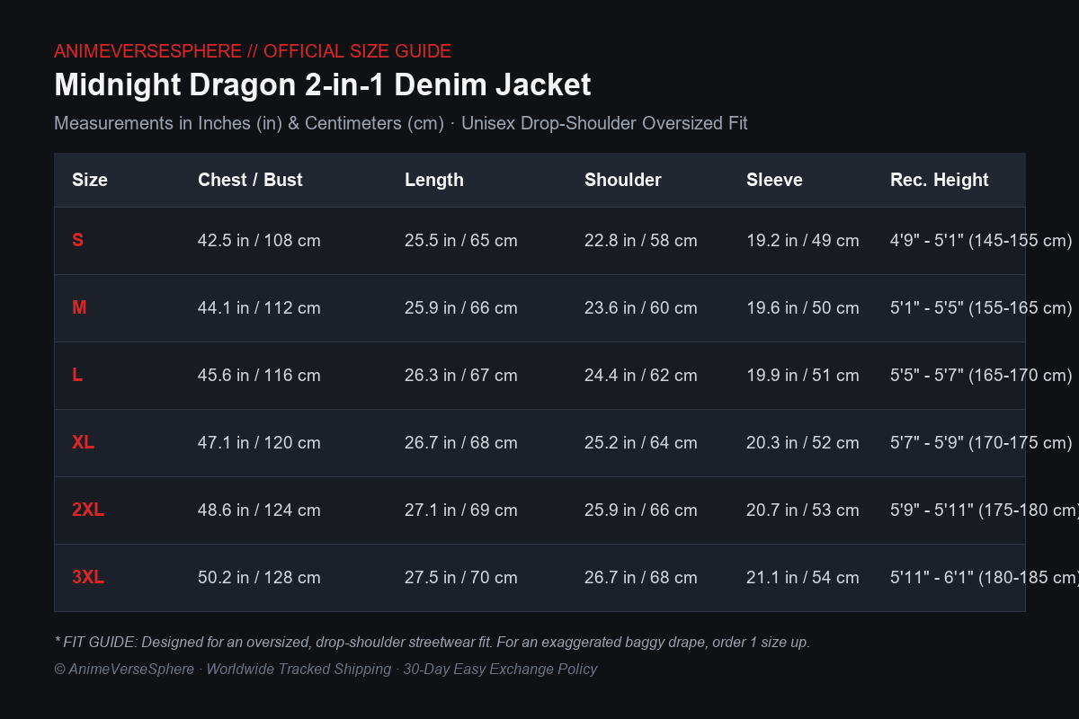 AnimeVerseSphere Unisex Denim Jacket Size Chart in Inches and Centimeters