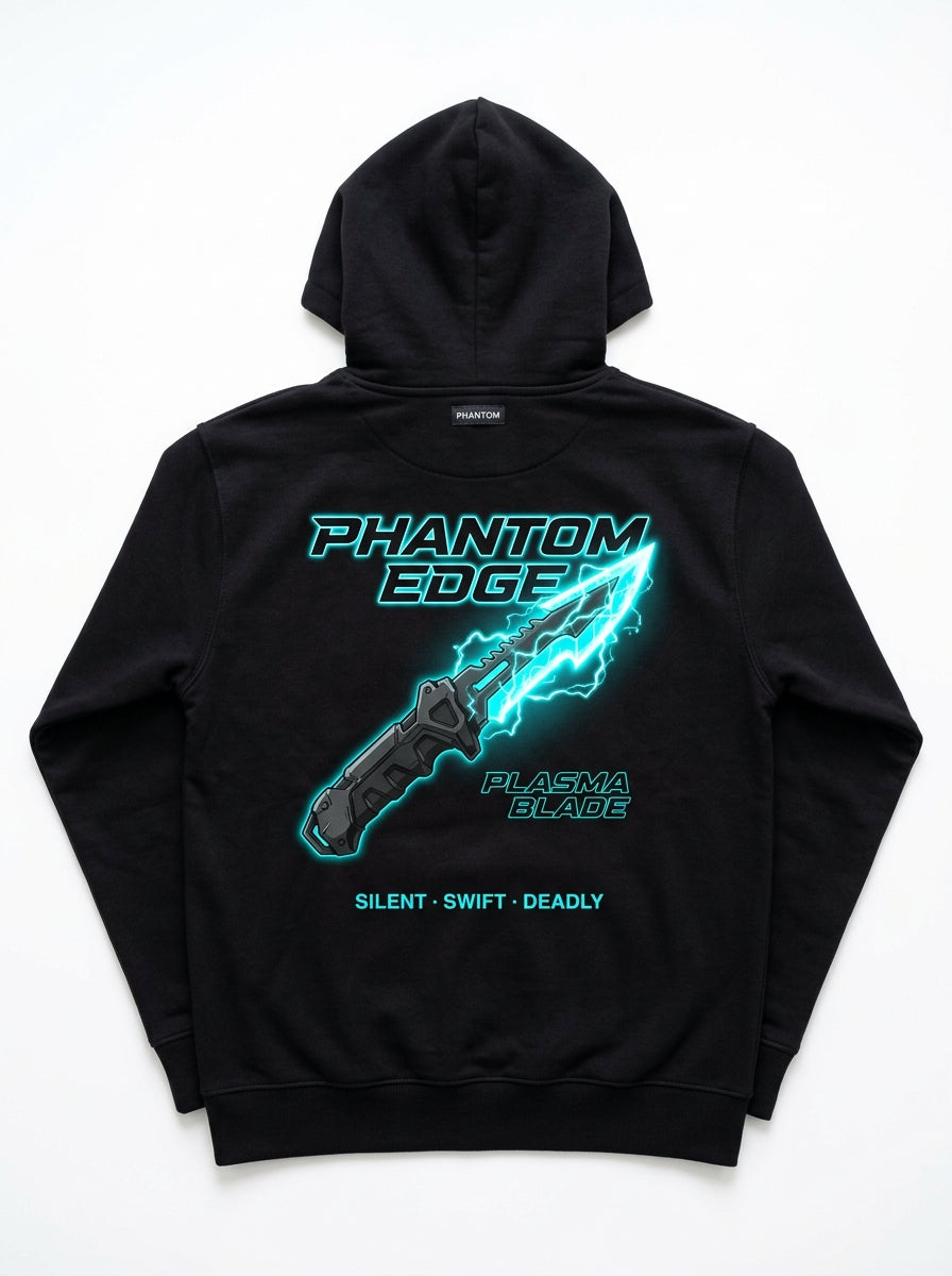 PHANTOM EDGE black hoodie back view with electric plasma dagger print