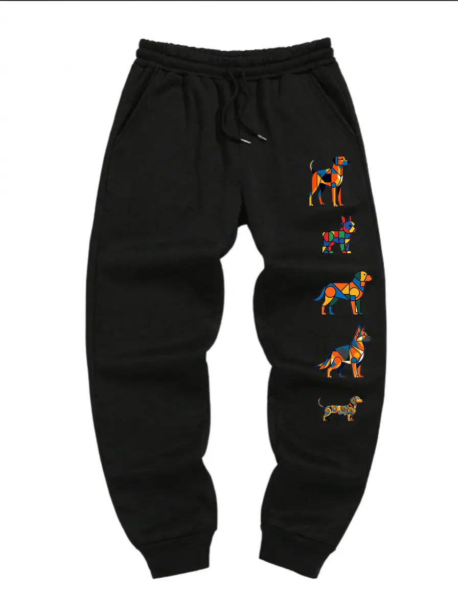 Flat lay view of black fleece drawstring jogger sweatpants with colorful graphic prints