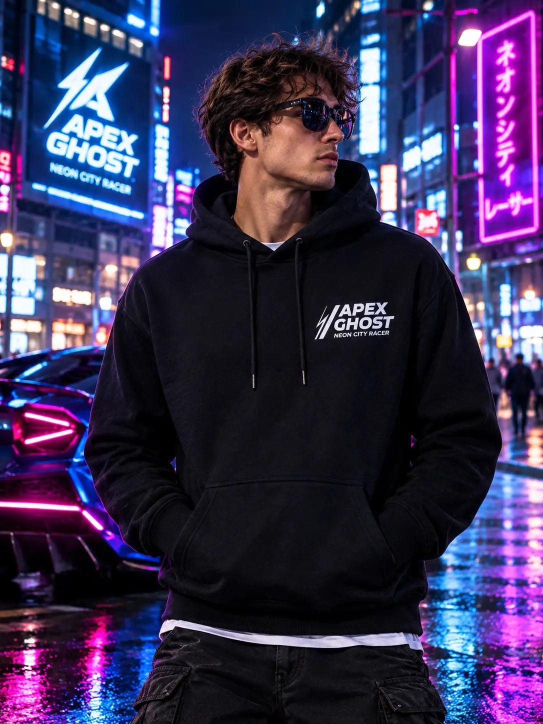 Man wearing hoodie with front logo in glowing neon cityscape at night
