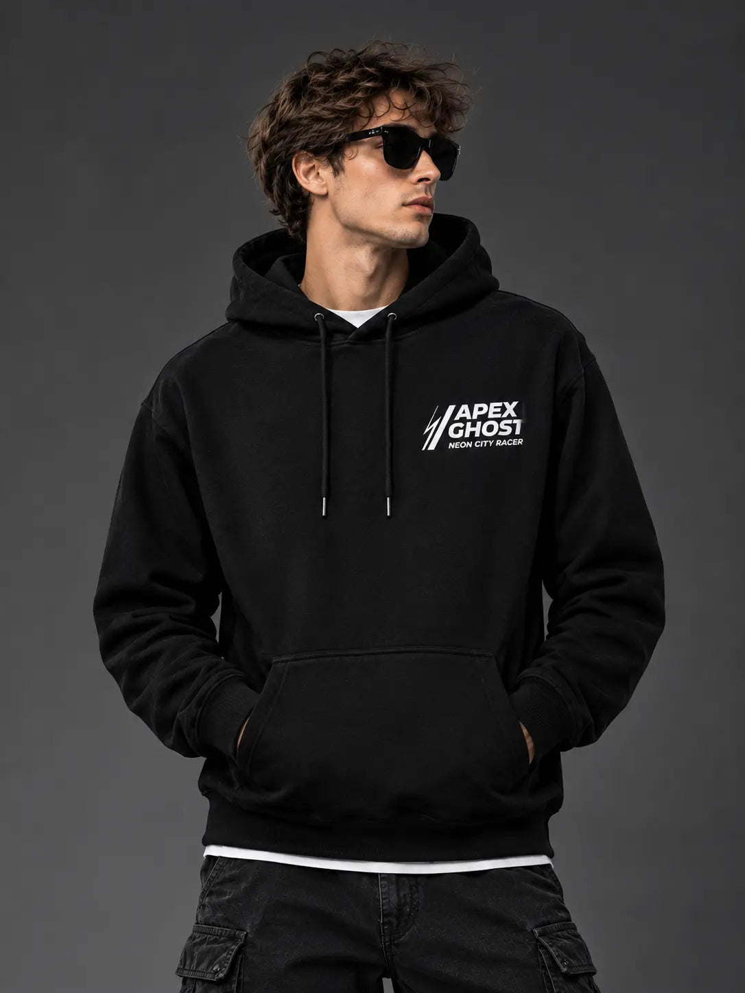 Man wearing black Apex Ghost hoodie with front chest logo on studio background