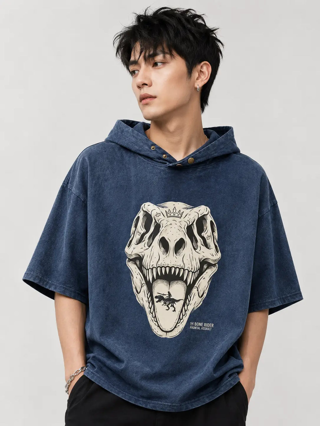 Bone Rider Frontal Assault washed navy hoodie tee fabric texture detail