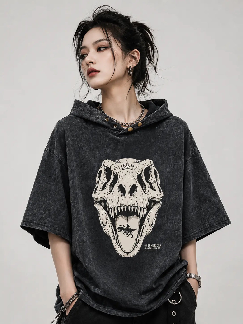 Bone Rider Frontal Assault snap button hood collar detail close up