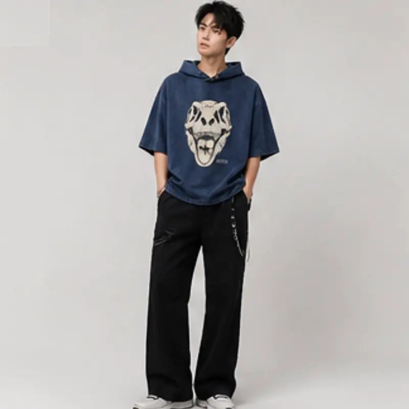 Bone Rider Frontal Assault washed navy hem detail close up