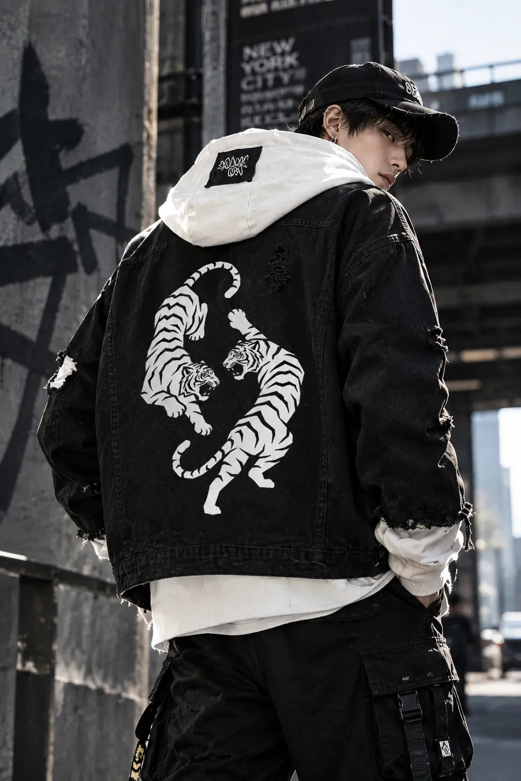 Streetwear Male Model Wearing Twin Tigers Hooded Black Denim Jacket Back Street View