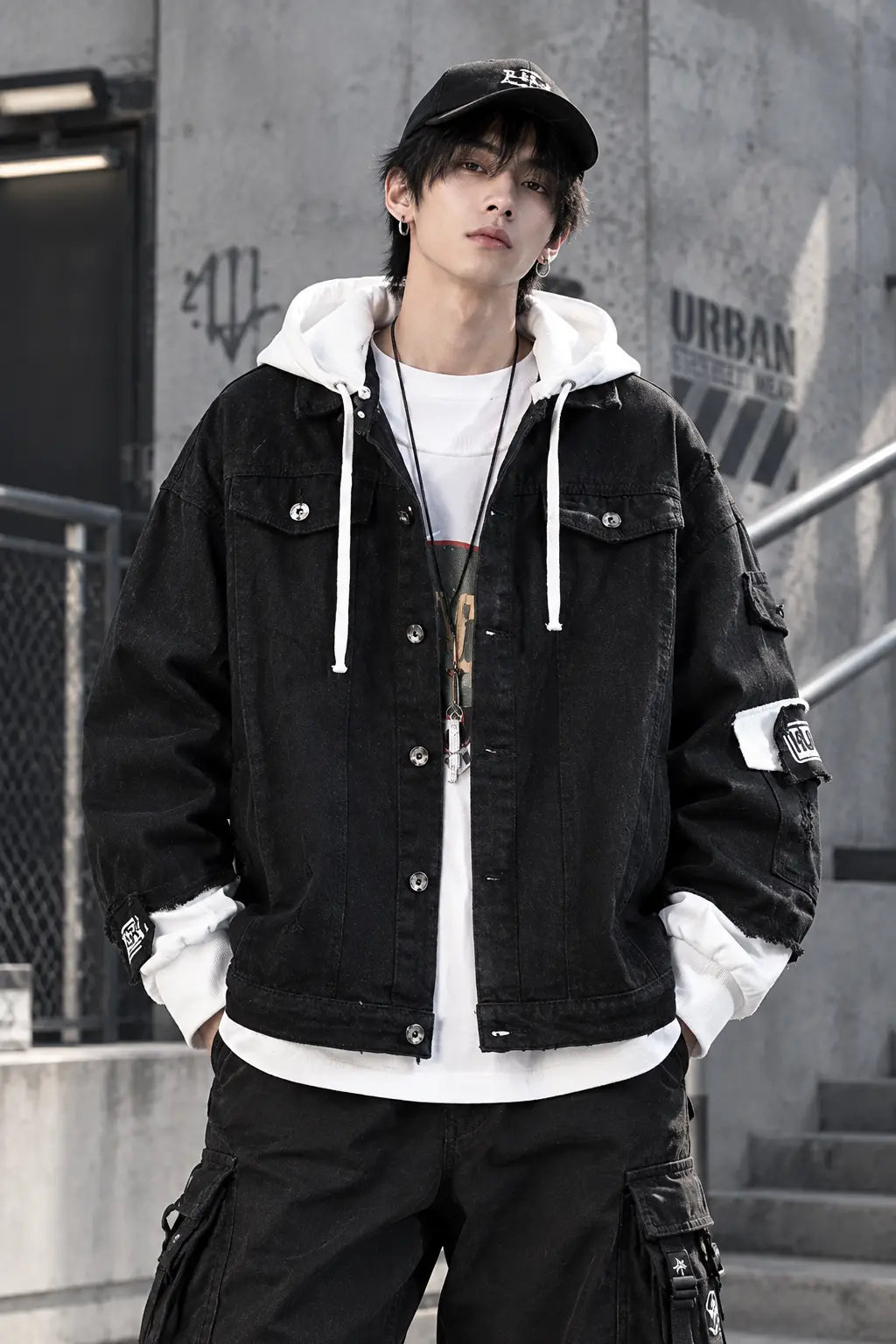 Male Model in Harajuku Techwear Wearing Layered Hooded Black Denim Trucker Jacket Front View