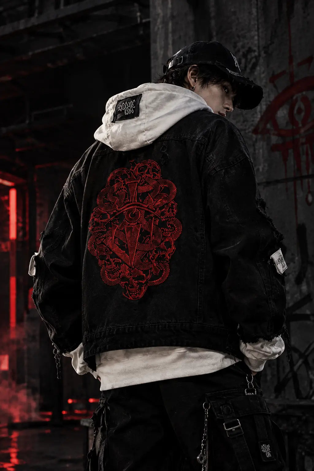 Urban Cyberpunk Streetwear Model Wearing Dark Genius Crimson Sigil Denim Hoodie Jacket in Neon Alleyway