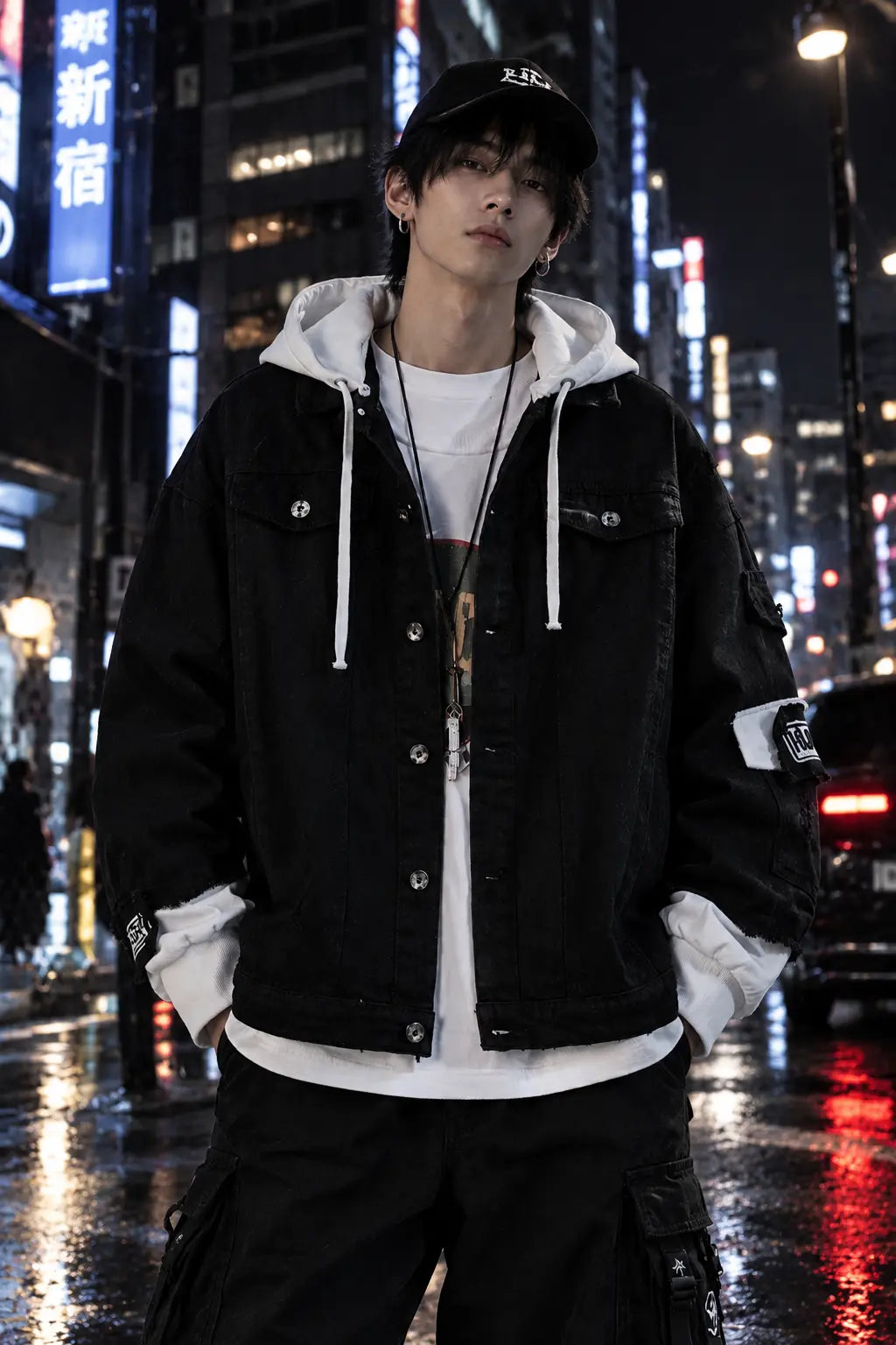 Tokyo Night Cyberpunk Streetwear Model Front View Wearing Dark Genius Distressed Denim Trucker Jacket