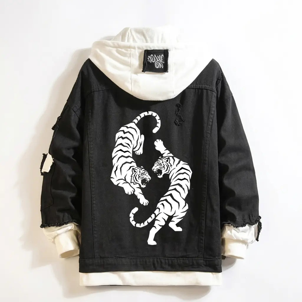 Twin Tigers Hooded Denim Trucker Jacket Back View with White Tigers Graphic