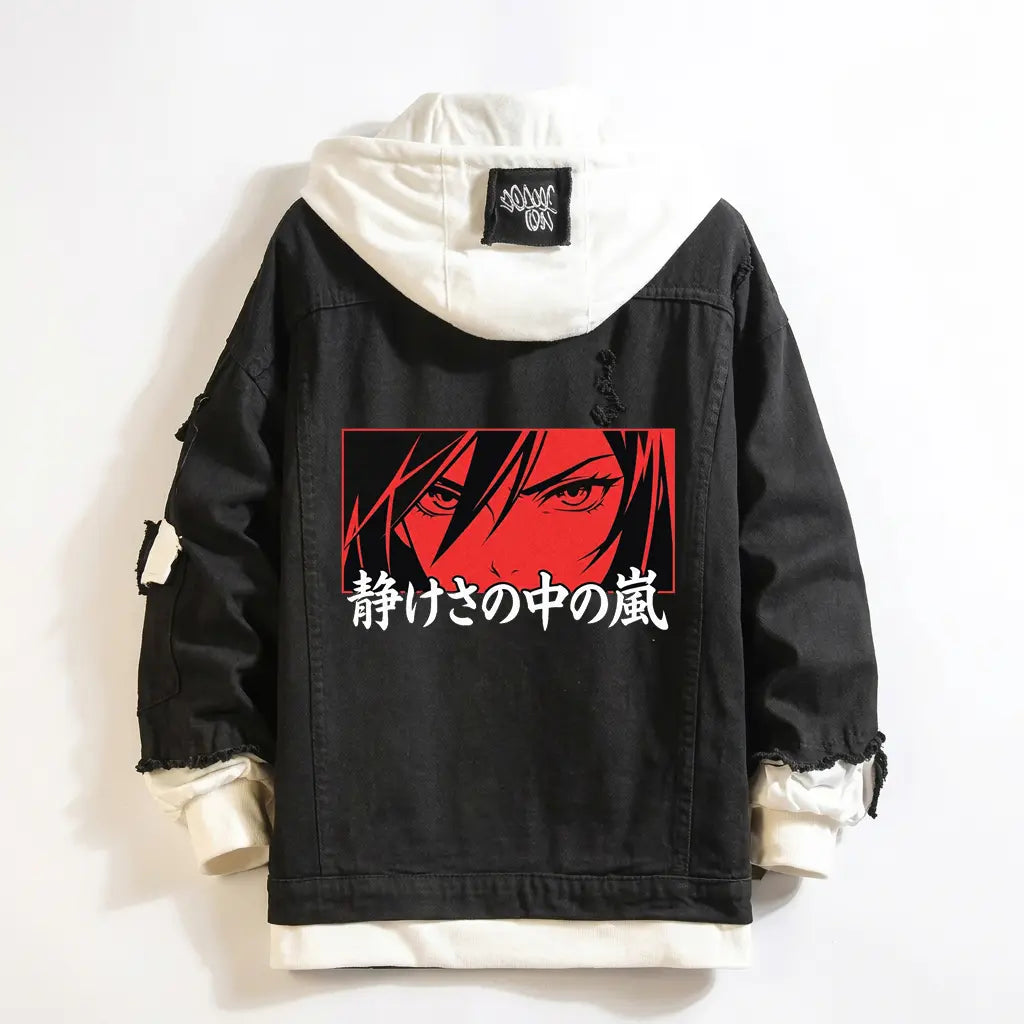 Dark Genius 2-in-1 Denim Hoodie Jacket - Silent Storm Anime Gaze Graphic Print Back View Flat Lay