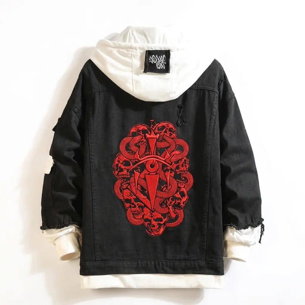 Dark Genius 2-in-1 Denim Hoodie Jacket - Crimson Sigil and Occult Skulls Graphic Print Back View Flat Lay