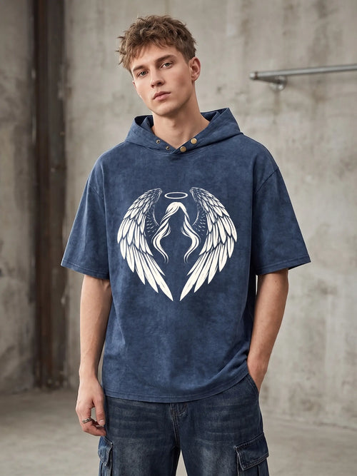 Fallen Angel Acid Wash Oversized Hoodie Tee in navy blue, male model, angel wings halo graphic front print