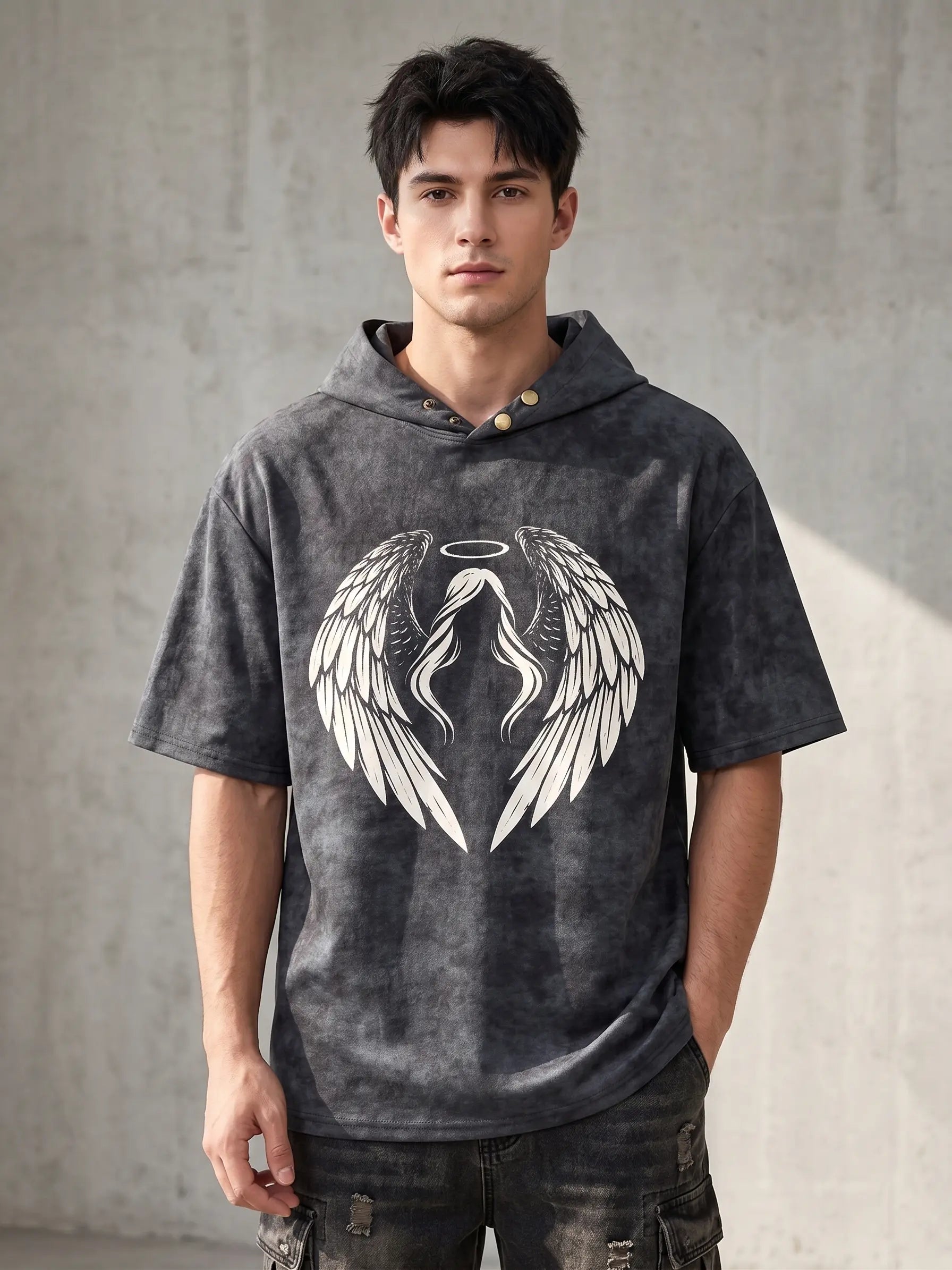 Fallen Angel Acid Wash Oversized Hoodie Tee in charcoal grey, male model, oversized streetwear fit