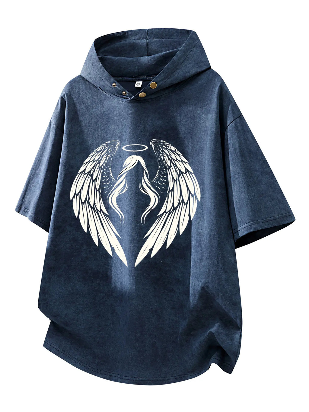 Fallen Angel Acid Wash Oversized Hoodie Tee navy blue flat lay, angel wings graphic, snap button hood detail