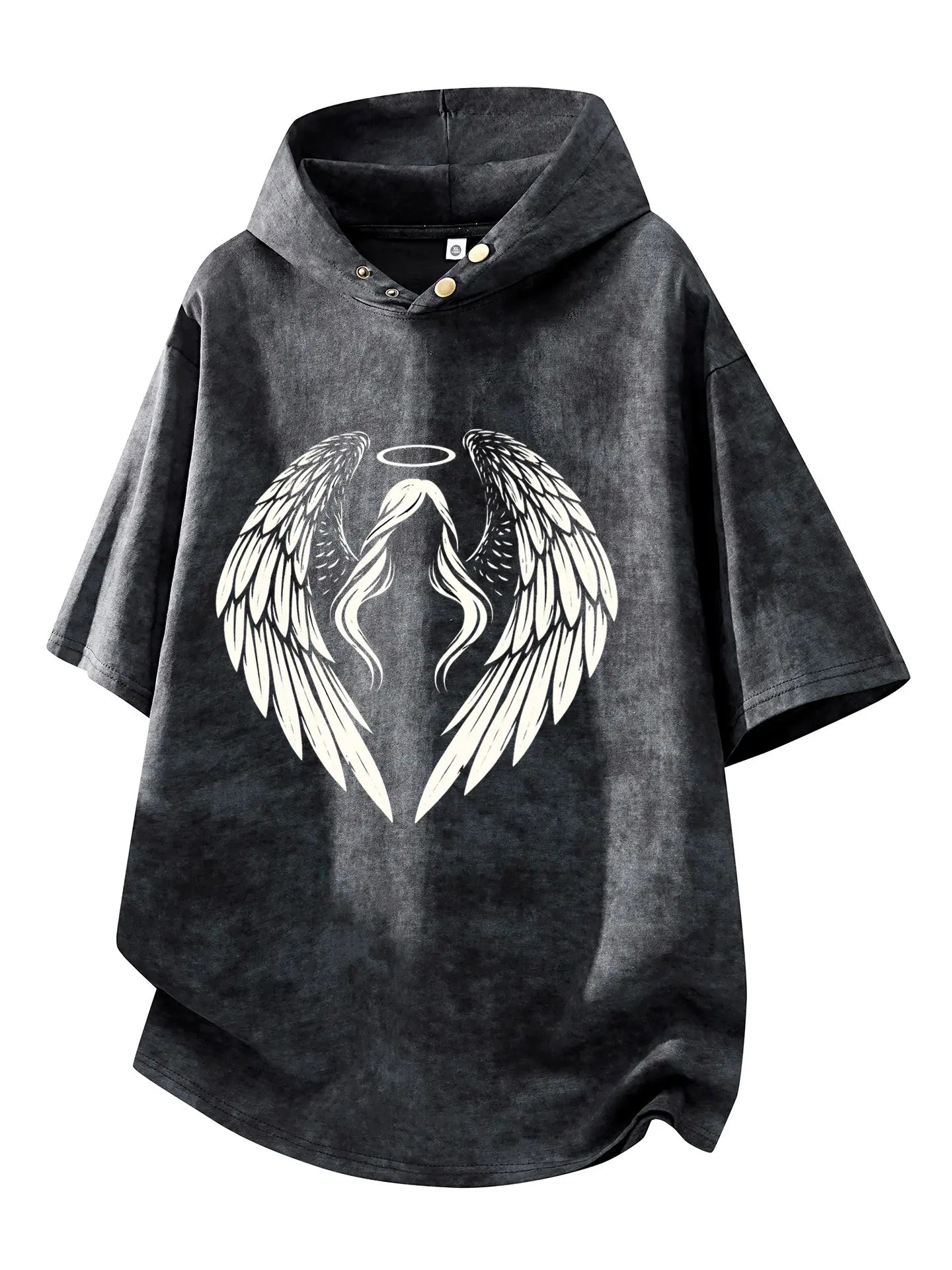 Fallen Angel Acid Wash Oversized Hoodie Tee charcoal grey flat lay, halo wings graphic, drop shoulder cut