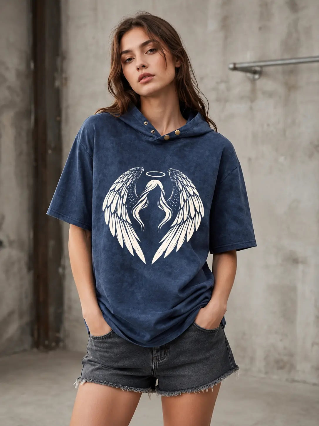 Fallen Angel Acid Wash Oversized Hoodie Tee in navy blue, female model, angel wings print streetwear hoodie