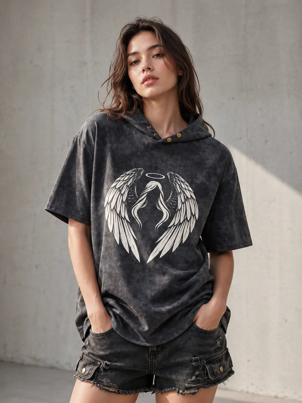 Fallen Angel Acid Wash Oversized Hoodie Tee in charcoal grey, female model, washed finish oversized silhouette