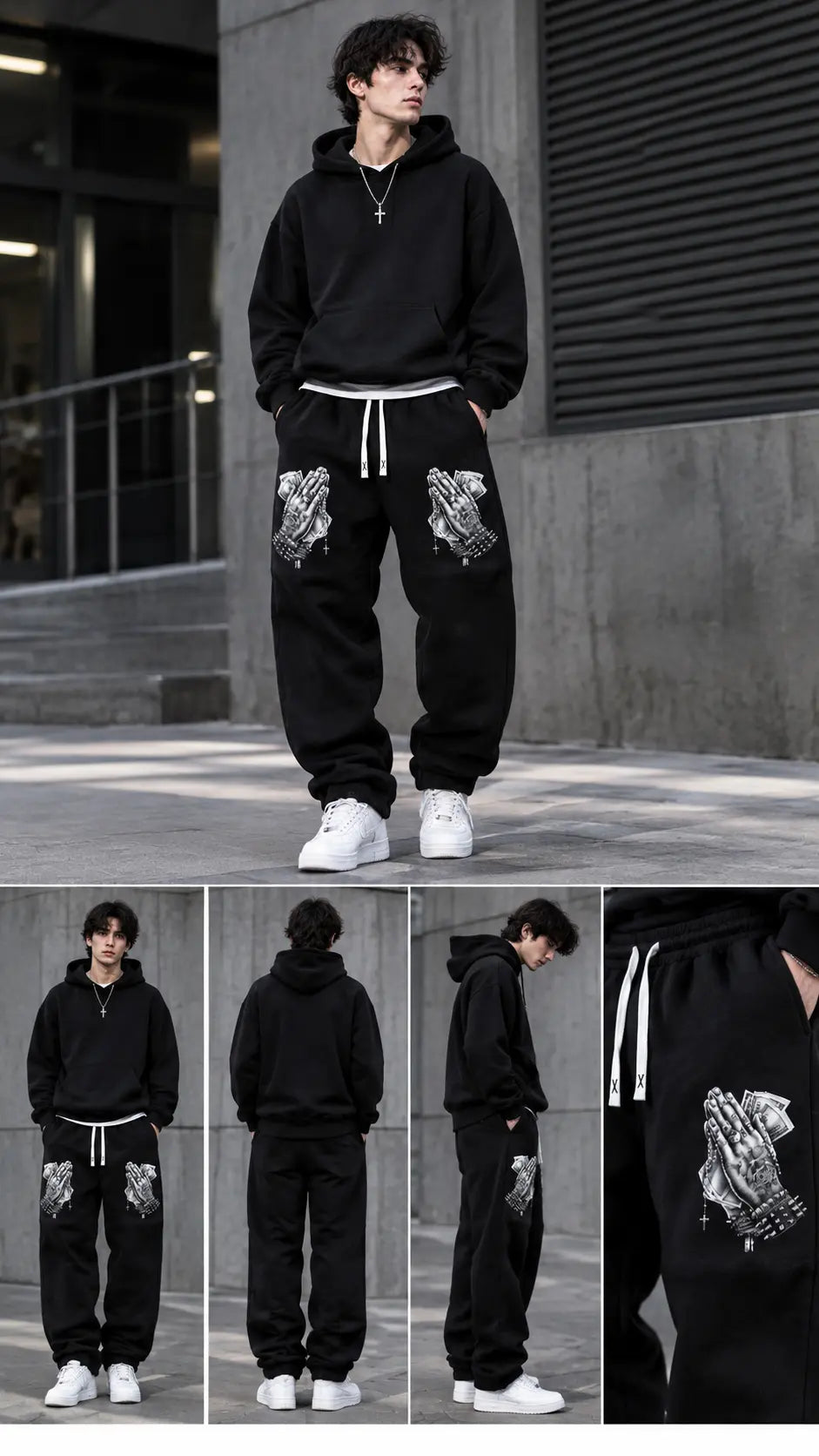 Men's Praying Hands Graphic Sweatpants - Urban Streetwear Model Collage