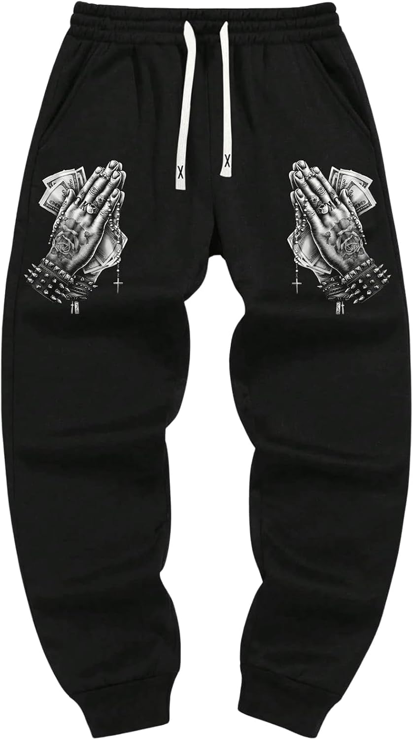 Men's Streetwear Sweatpants - Praying Hands and Cash Graphic Flat Lay Front View
