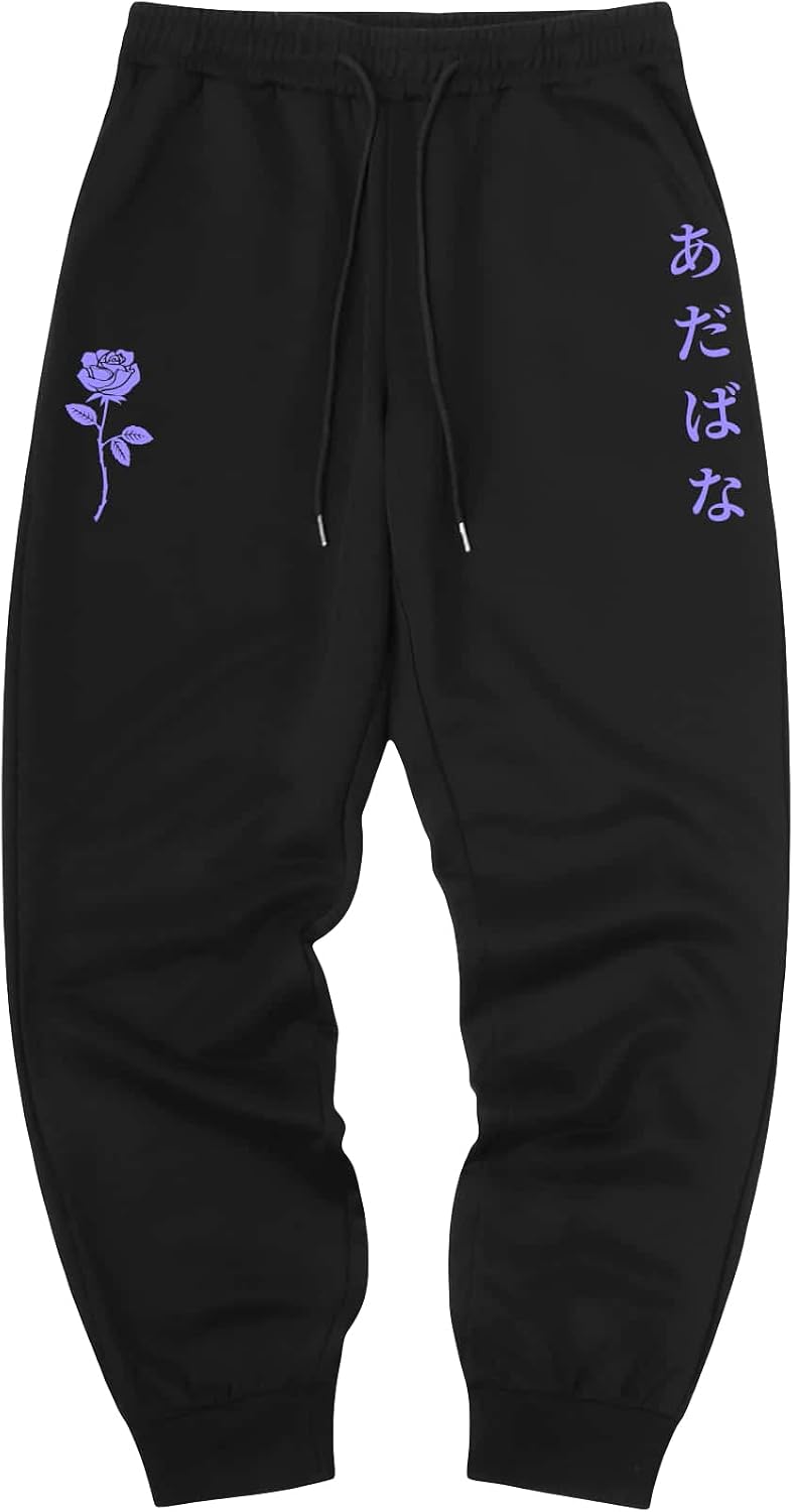 Men's Japanese Floral Graphic Sweatpants - Purple Rose and Hiragana Flat Lay Front View