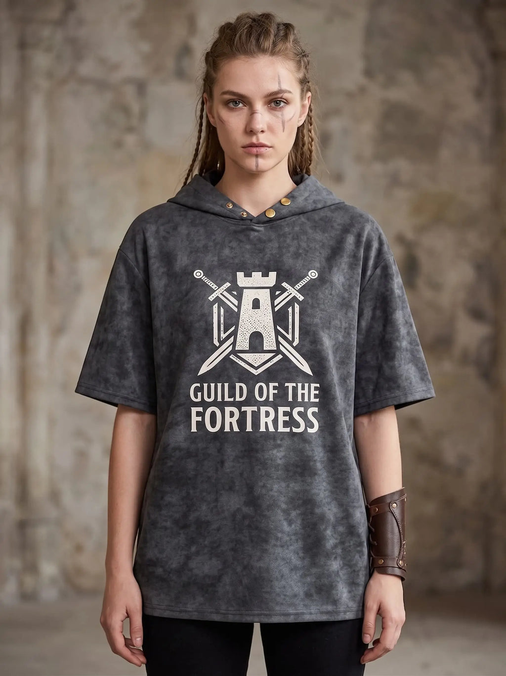 Fortress Guild Washed Hoodie Tee — Dark Warrior Edition