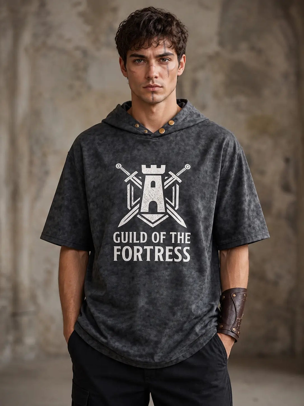 Fortress Guild Washed Hoodie Tee — Dark Warrior Edition