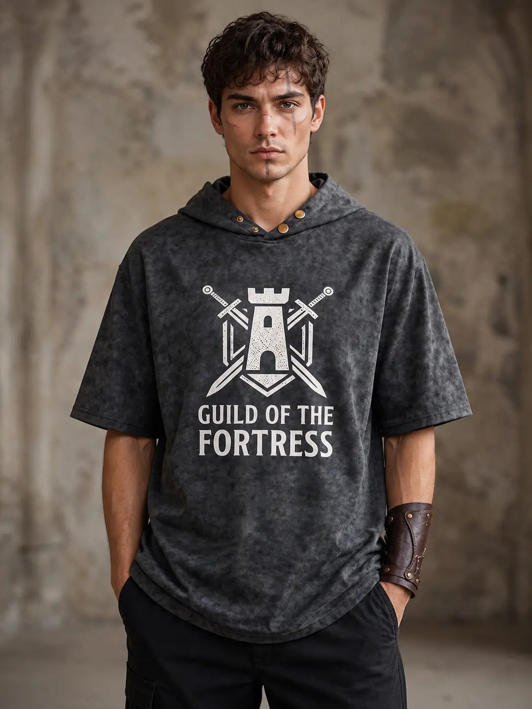 Fortress Guild Washed Hoodie Tee — Dark Warrior Edition