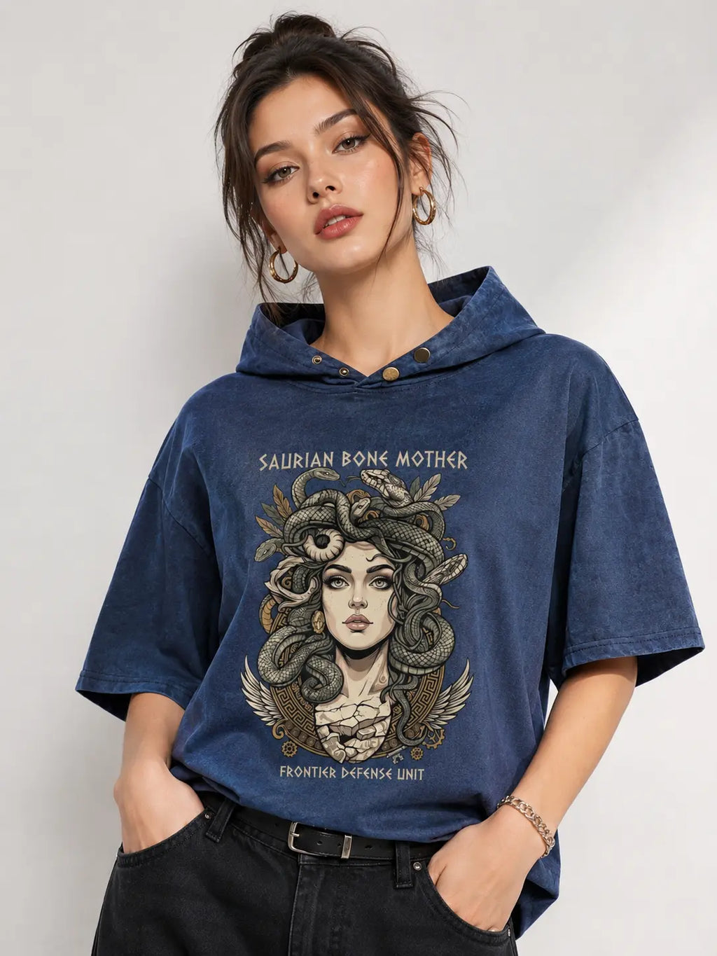 Saurian Bone Mother Oversized Washed Hoodie Tee | Dark Mythology Streetwear