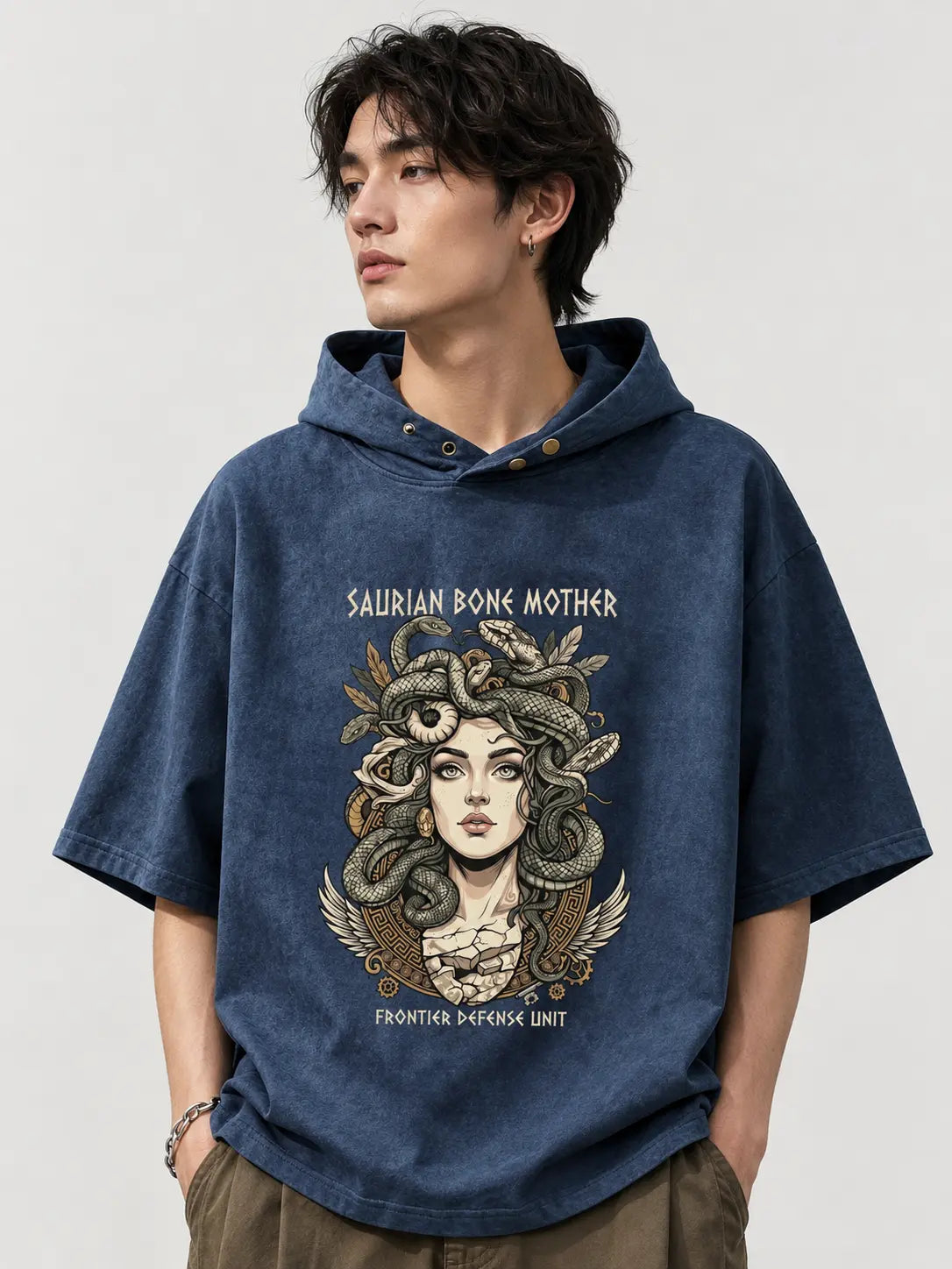 Saurian Bone Mother Oversized Washed Hoodie Tee | Dark Mythology Streetwear