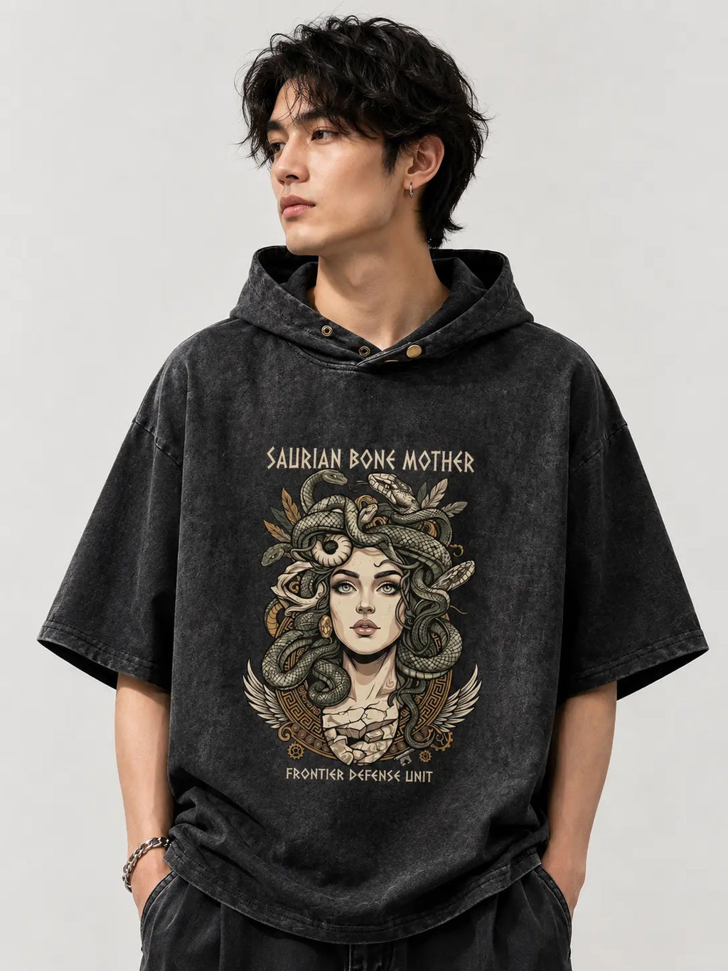 Saurian Bone Mother Oversized Washed Hoodie Tee | Dark Mythology Streetwear